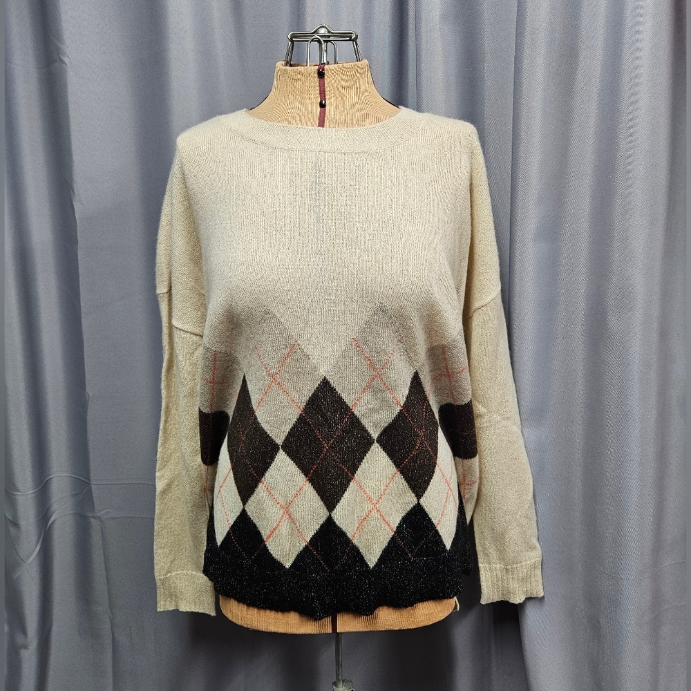 Women's Charter Club Metallic Cream  Cashmere Sweater with Argyle Print (XL)